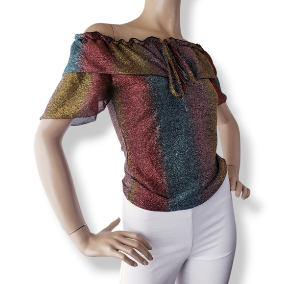 Gold, Red & Green Metallic Striped Off Shoulder Ruffle Blouse by Route 3 - Picture 5 of 8